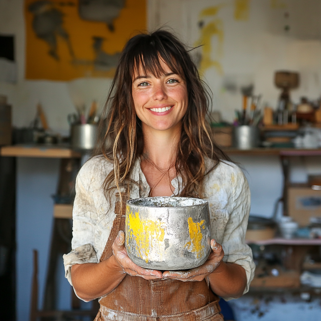 taras.77_woman_in_the_art_studio_holding_a_small_round_handmade_7030569f-6975-4029-8dc8-310b99d54e40